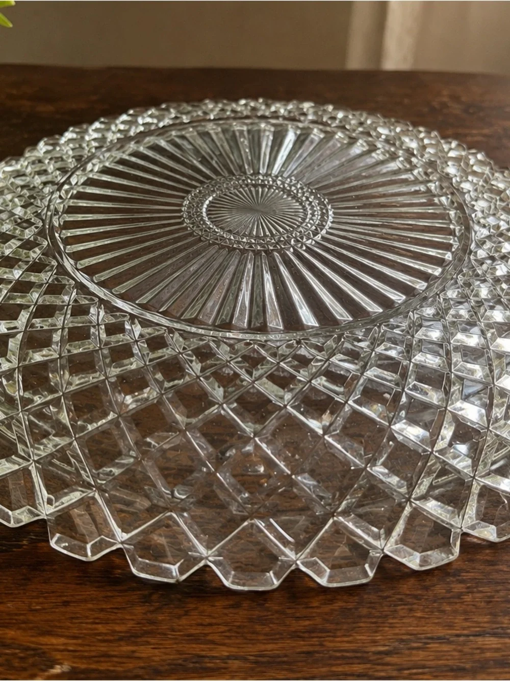 Vintage Clear Pressed Glass Serving Platter 12” Diamond Pattern Scalloped